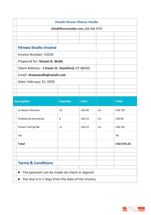 Fitness Studio Invoice Template PSD template